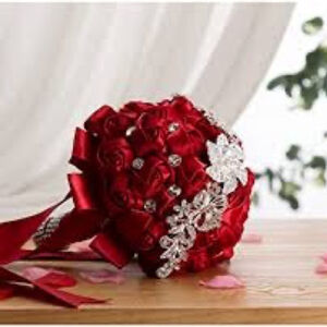 hollyhome Red Satin Wedding Bouquet with Rhinestone, and White Faux Pearls
